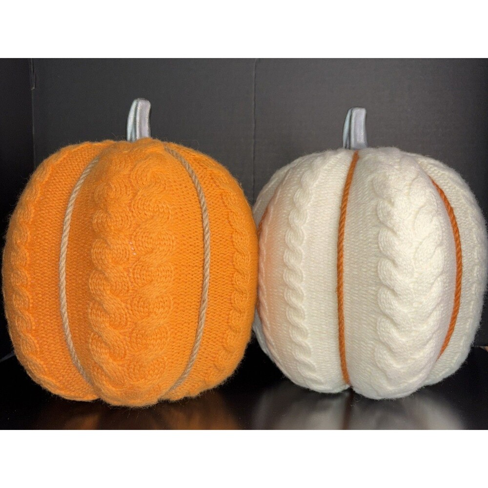 2 Knit Sweater Foam Pumpkins Orange White Fall Thanksgiving Halloween Decor